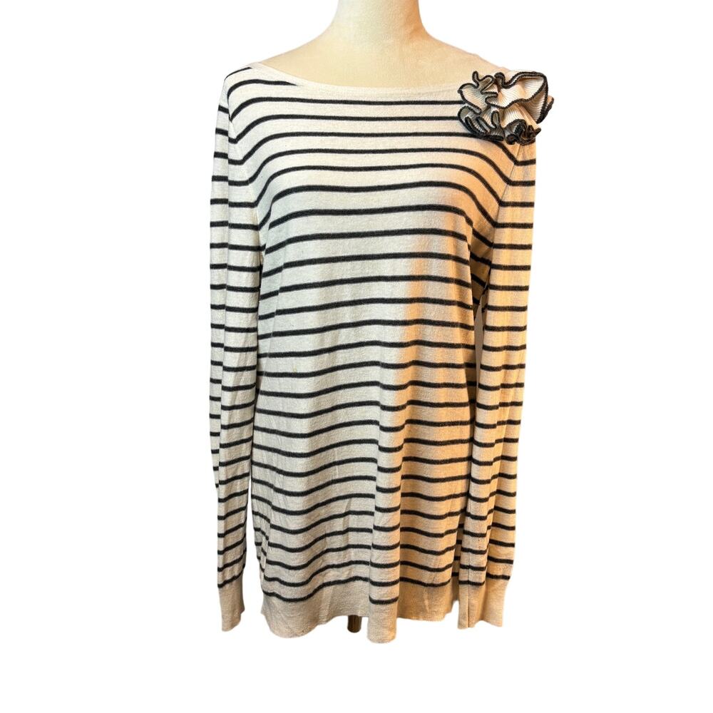 Ann Taylor Striped Sweater w/ Rosette Long Sleeve Merino Wool Blend Womens XL